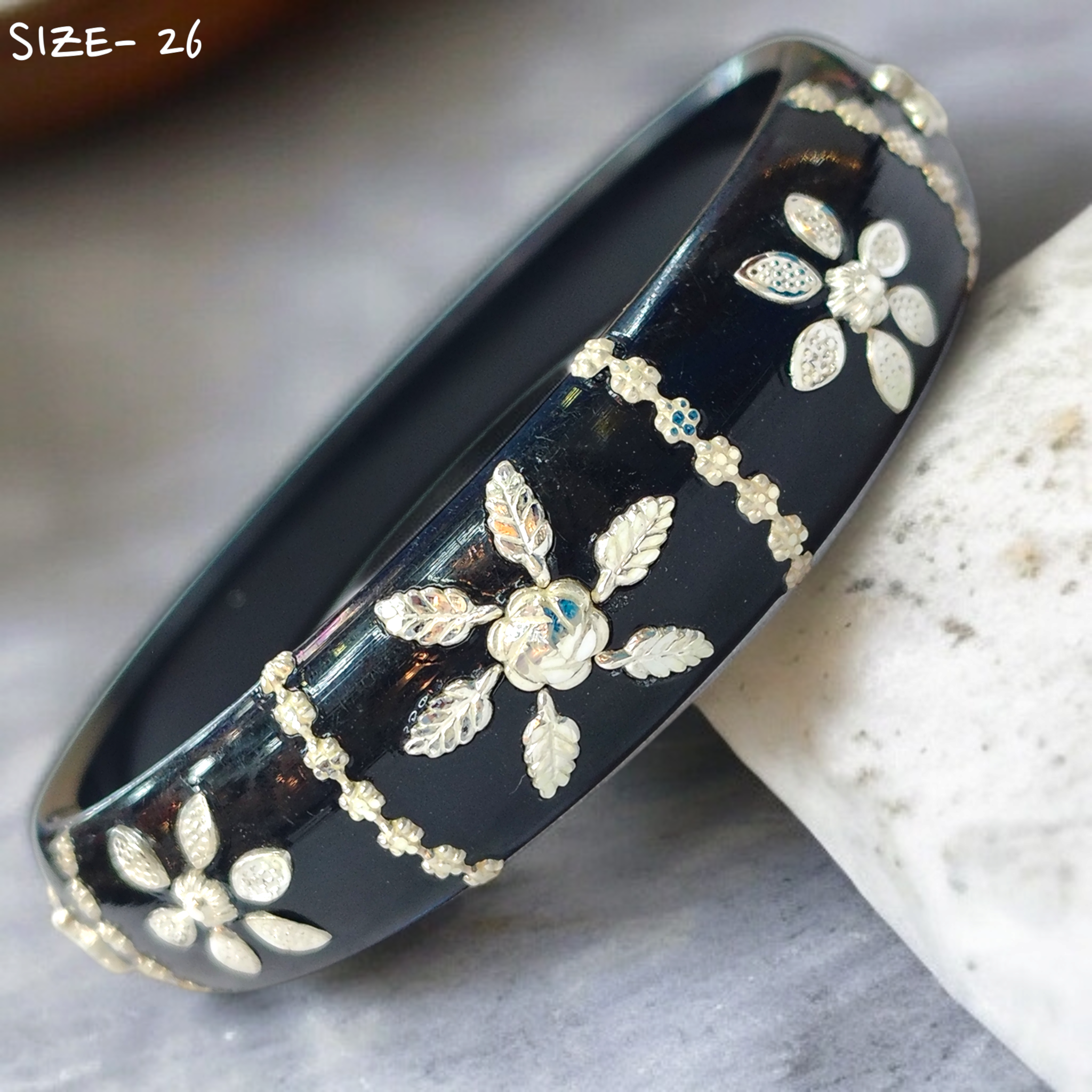 (SSP) (SIZE- 26) BLACK PASTING DESIGN 925 ORIGINAL SILVER POLA BANGLES FOR WOMEN 1 PC - SOLD AS MRP BY RAJLAXMI.