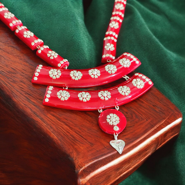 RED LUXURY SILVER NECKLACE- CERTIFIED HALLMARK 925 SILVER POLA SITAHAR WITH EARRINGS APPROX WGT: 8.00 GM (1 PIECE) WITH TASSEL FOR BEAUTIFUL WOMEN (GET ANY DESIGN AS PER STOCK).