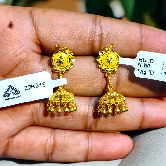 (GER22) BIS CERTIFIED WGT: 3.400 GM APPROX HUID HALLMARK 916 22KT GOLD JHUMKA EARRINGS 1 PAIR FOR WOMEN.