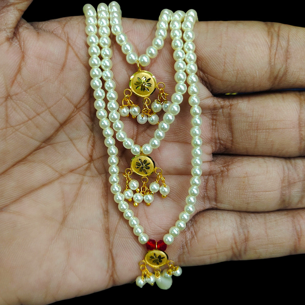 (GMH)- (WGT: 0.400 GM APPROX) BIS CERTIFIED HUID HALLMARK 9KT GOLD MOTI SITAHAR NECKLACE 1 PIECE WITH ADJUSTABLE TASSEL.(NBC1IQ)