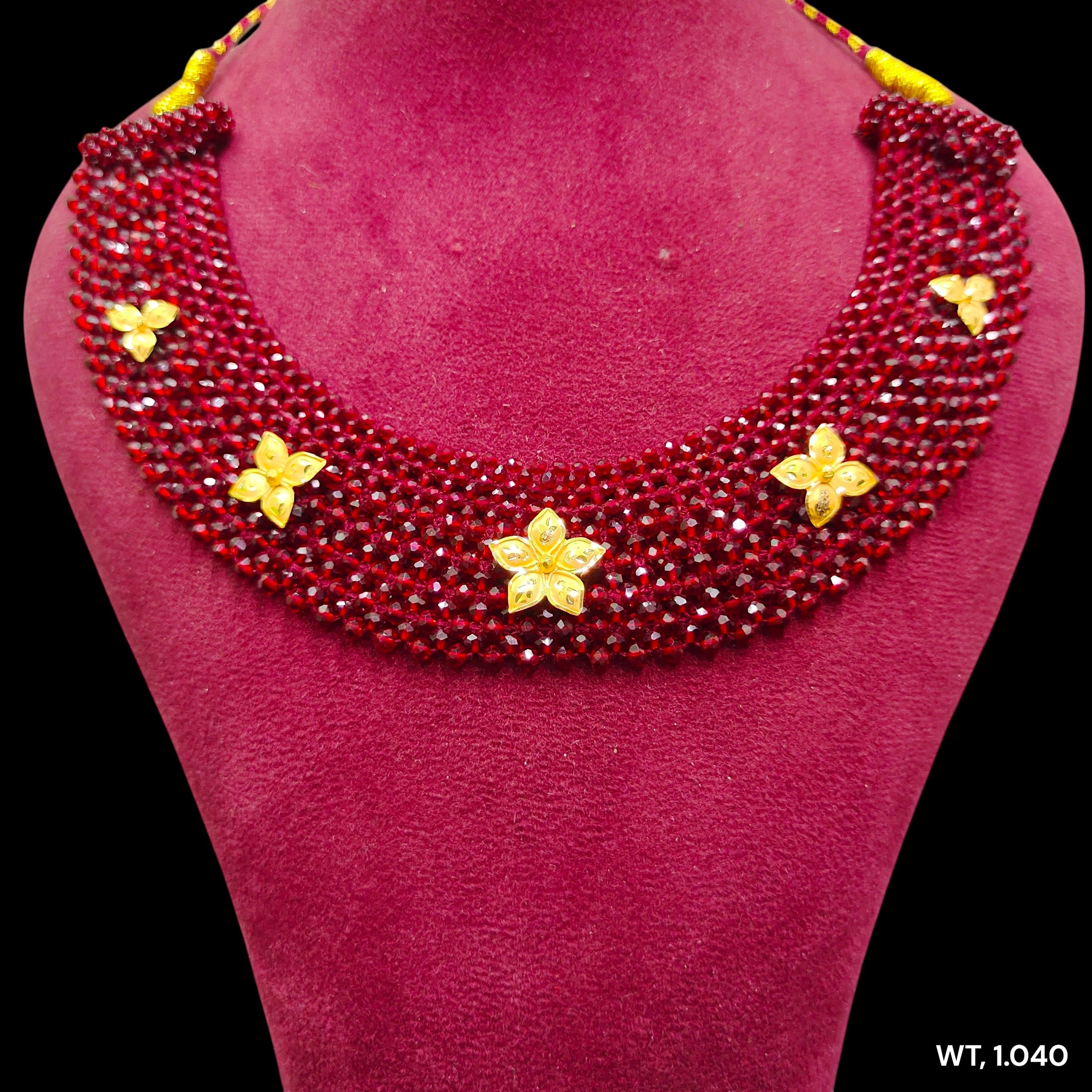 GOLD MOTI HAR- (WGT: 1.040 GM APPROX) HUID HALLMARK 375 9KT GOLD CRYSTAL CHATAI NECKLACE 1 PIECE WITH ADJUSTABLE TASSEL.
