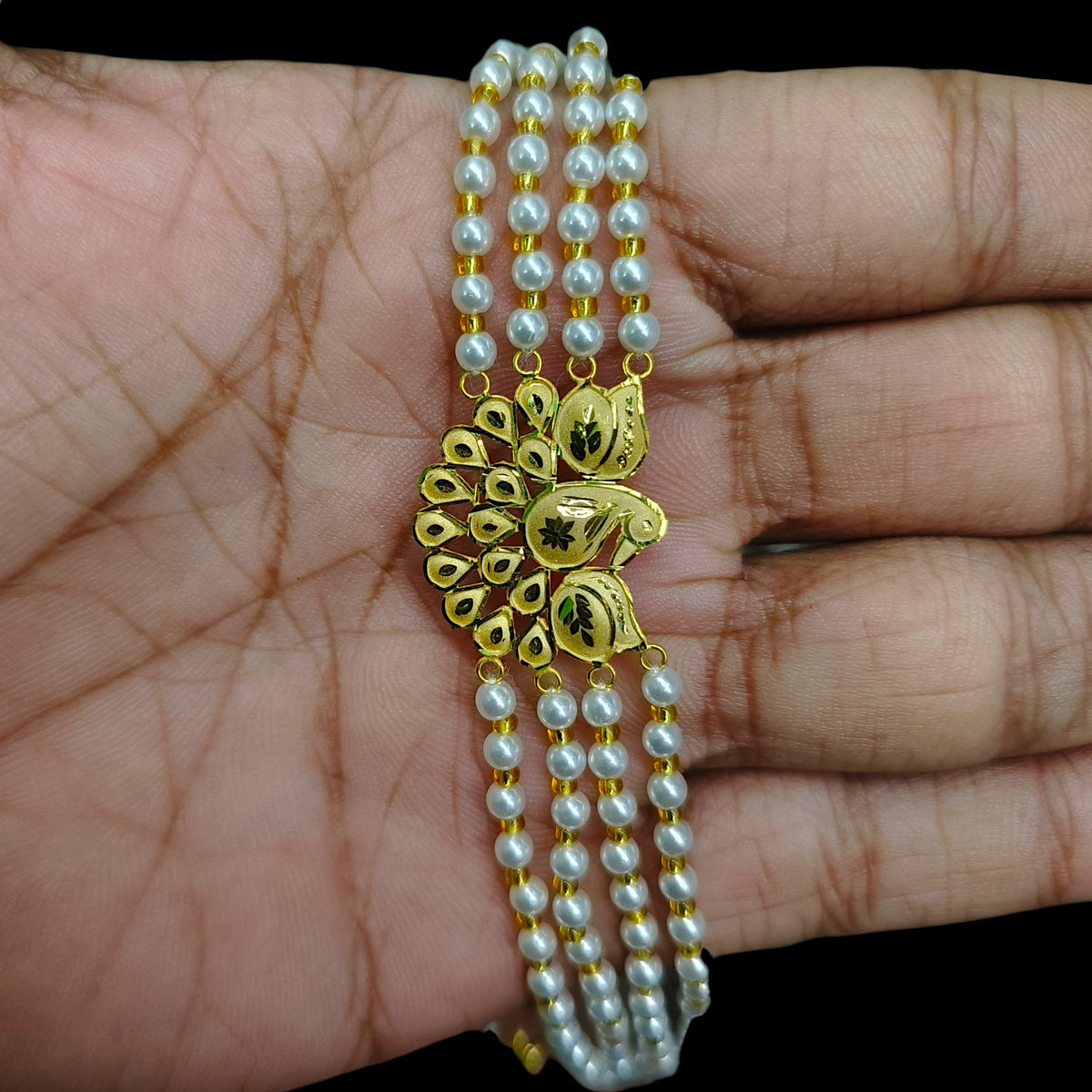 GOLD MANTASHA- (TG98MB)-(WGT: 0.750 GM APPROX) BIS CERTIFIED HUID HALLMARK 375 9KT GOLD MOTI MANTASHA WITH PEARL CHAIN FOR WOMEN.