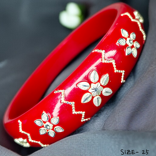 (SSP) (SIZE- 25) RED PASTING DESIGN 925 ORIGINAL SILVER POLA BANGLES FOR WOMEN 1 PC - SOLD AS MRP BY RAJLAXMI.