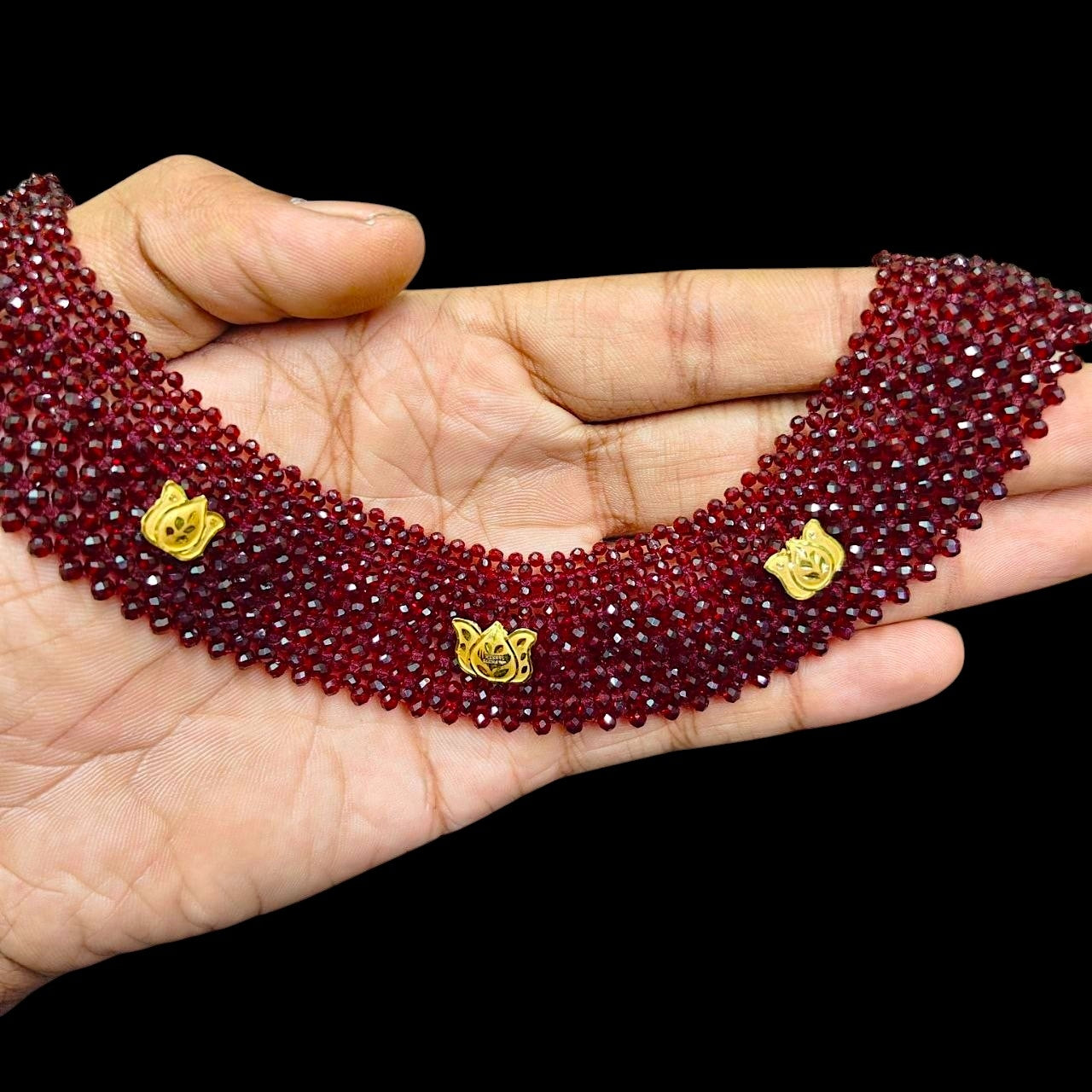 GOLD MOTI HAR- (WGT: 0.540 GM APPROX) HUID HALLMARK 375 9KT GOLD CRYSTAL CHATAI NECKLACE 1 PIECE WITH ADJUSTABLE TASSE.