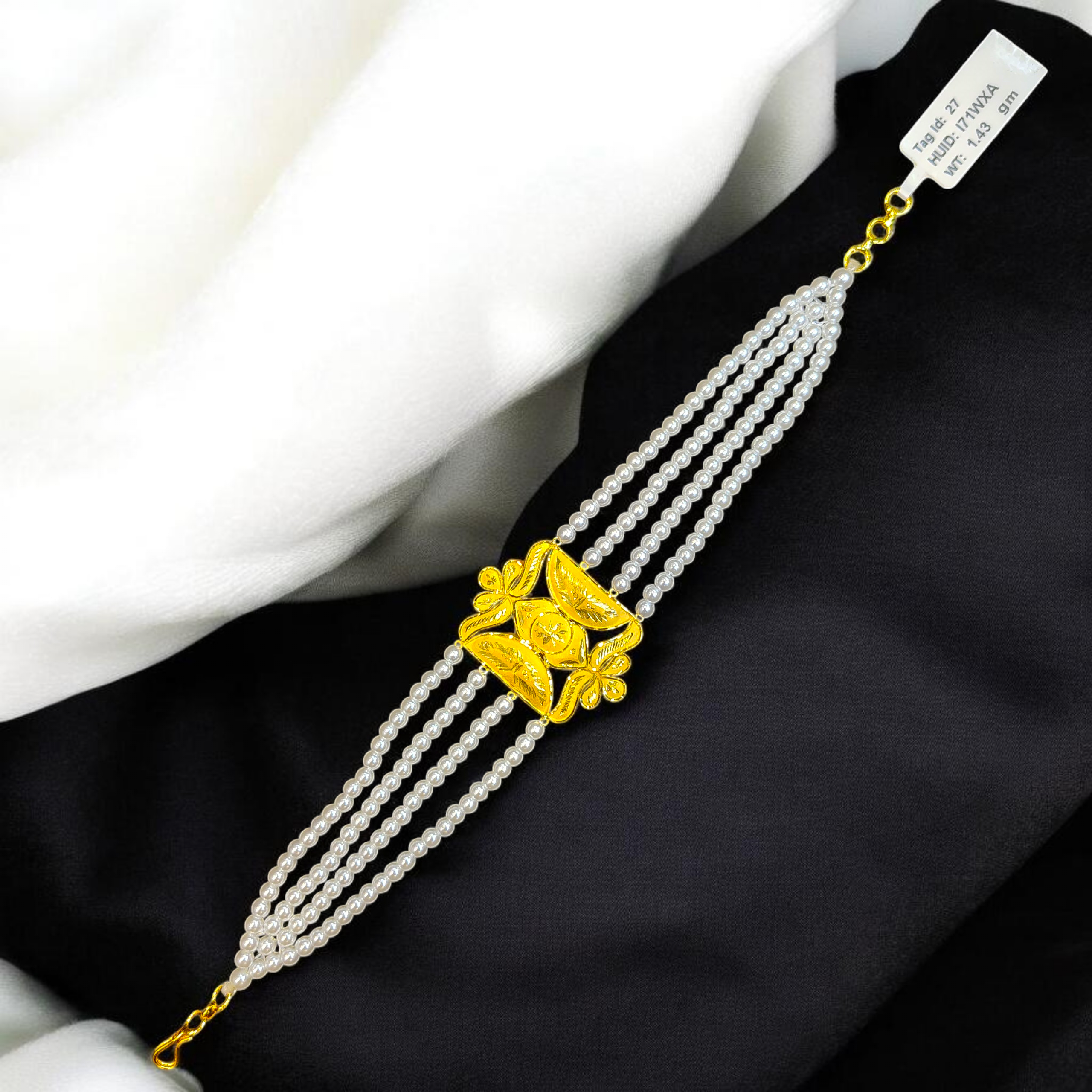 GOLD MANTASHA- RAJLAXMI WGT: 1.430 GM APPROX HUID HALLMARK 916 22KT GOLD MOTI MANTASHA WITH PEARL CHAIN FOR WOMEN.