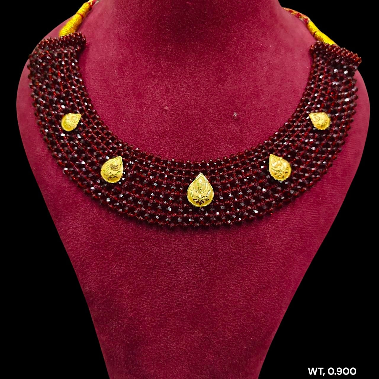 GOLD MOTI HAR- (WGT: 0.900 GM APPROX) HUID HALLMARK 375 9KT GOLD CRYSTAL CHATAI NECKLACE 1 PIECE WITH ADJUSTABLE TASSE.