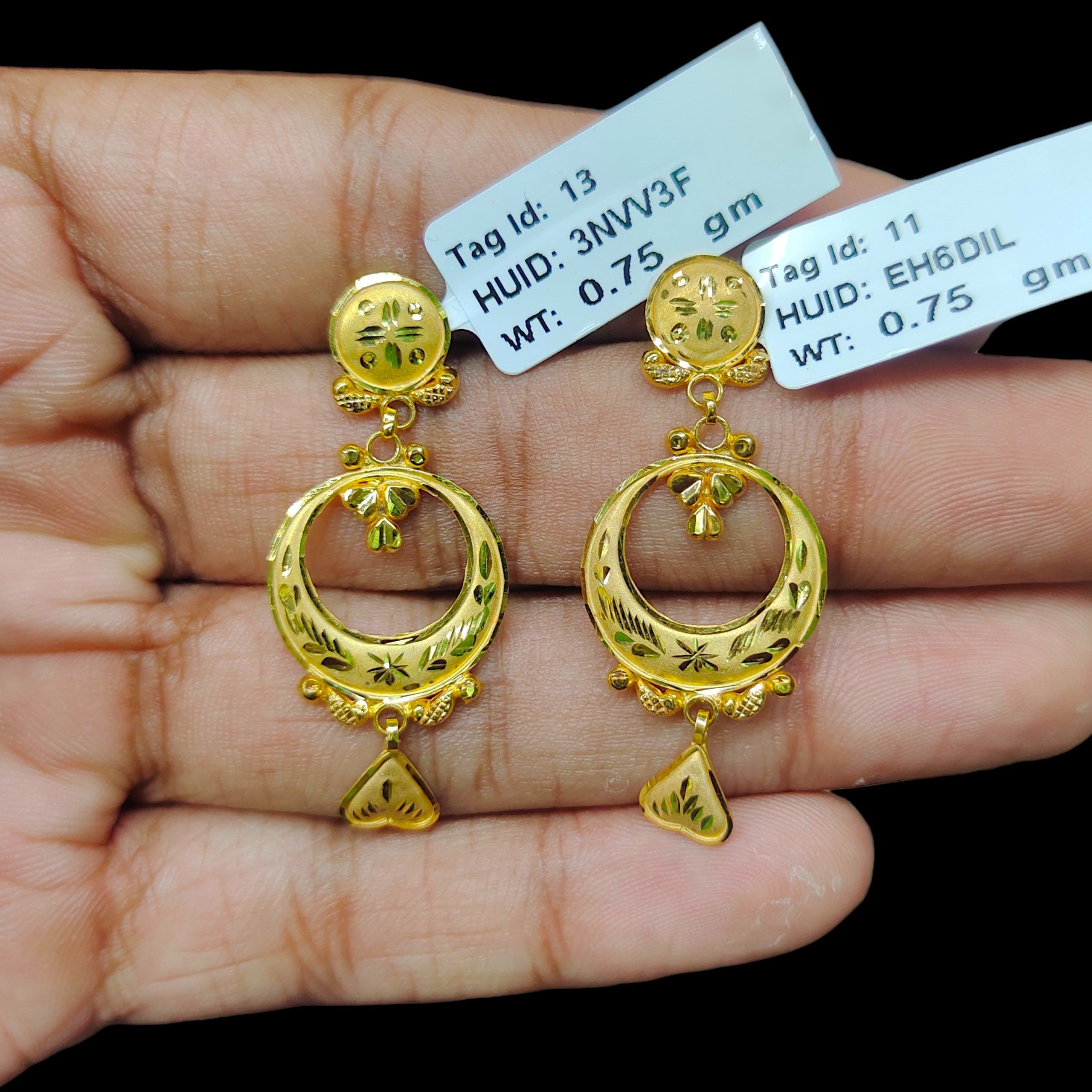 GOLD EARRINGS- (WGT: 1.500 GM APPROX) BIS CERTIFIED HUID HALLMARK 9KT GOLD EARRINGS 1 PAIR FOR WOMEN (BEST FOR GIFT IN MARRIAGE).