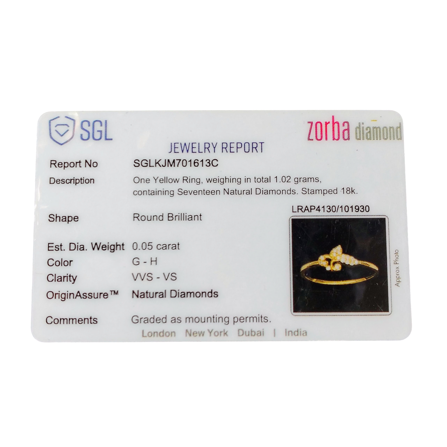 RAJLAXMI DIAMOND JEWELLERY (SIZE:11) - WGT: 1.020 GM - NATURAL DIAMOND (0.05 CENT) HUID HALLMARK 18KT DIAMOND FINGER RING FOR WOMEN WITH CERTIFICATE OF AUTHENTICITY BY ZORBA (DESIGN NO: LRAP4130).