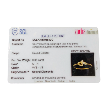 RAJLAXMI DIAMOND JEWELLERY (SIZE:11) - WGT: 1.020 GM - NATURAL DIAMOND (0.05 CENT) HUID HALLMARK 18KT DIAMOND FINGER RING FOR WOMEN WITH CERTIFICATE OF AUTHENTICITY BY ZORBA (DESIGN NO: LRAP4130).