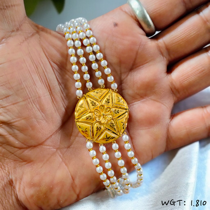 (GMW) RAJLAXMI WGT: 1.810 GM APPROX HUID HALLMARK 916 22KT GOLD MANTASHA WITH PEARL CHAIN FOR WOMEN.