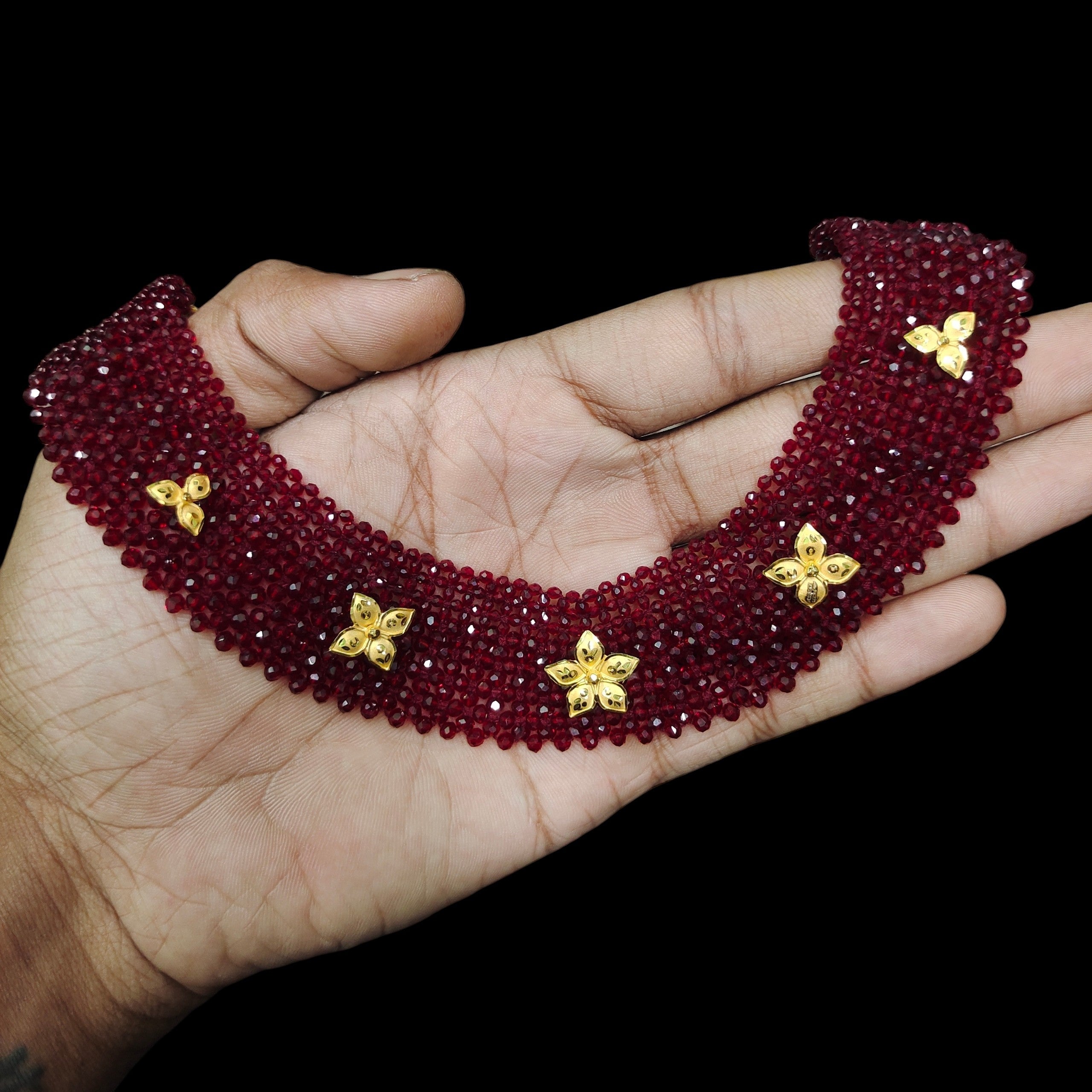 GOLD MOTI HAR- (WGT: 1.040 GM APPROX) HUID HALLMARK 375 9KT GOLD CRYSTAL CHATAI NECKLACE 1 PIECE WITH ADJUSTABLE TASSEL.