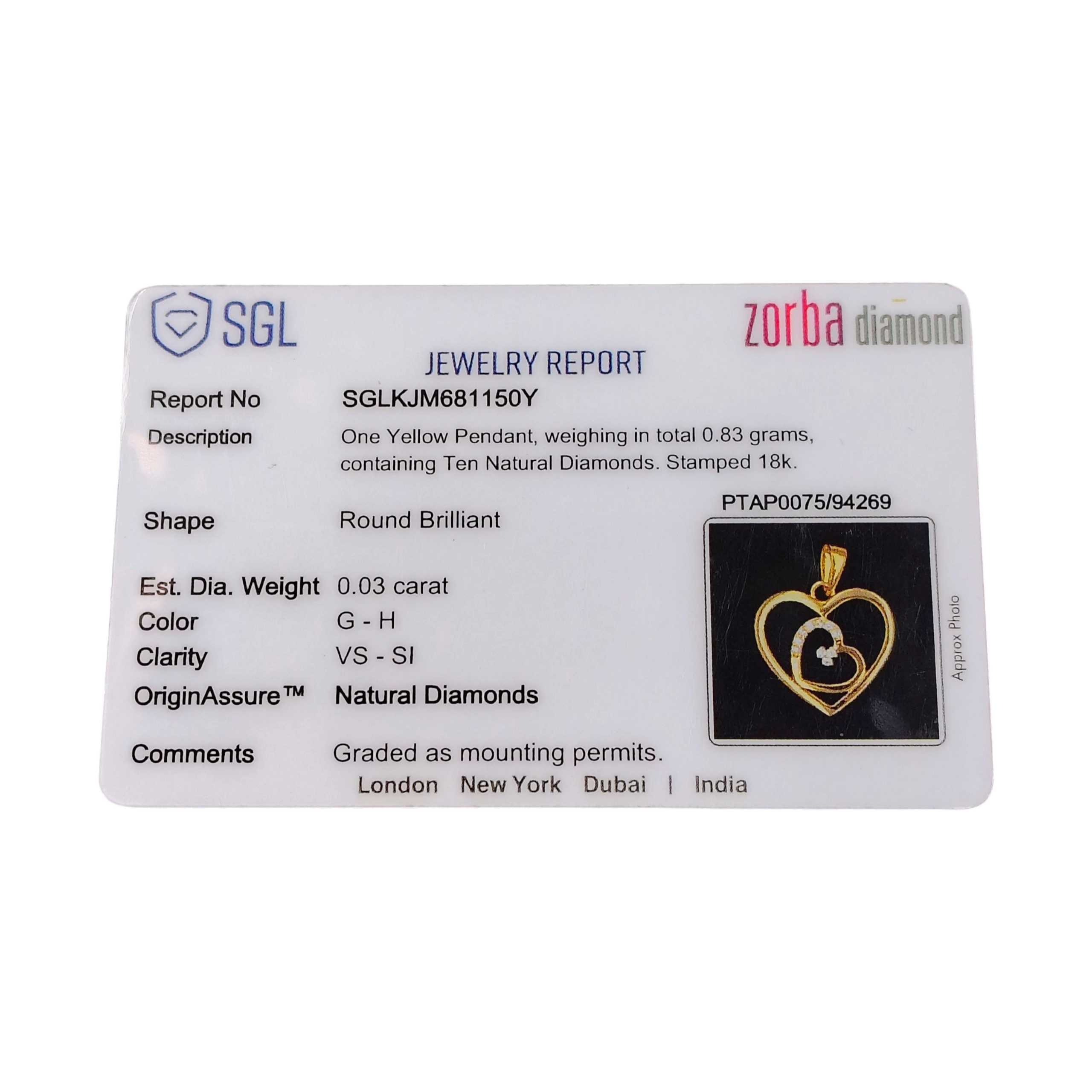 (GLC18) RAJLAXMI DIAMOND JEWELLERY - WGT: 0.830 GM - NATURAL DIAMOND (0.03 CENT) HUID HALLMARK 18KT DIAMOND PENDANT LOCKET FOR WOMEN WITH CERTIFICATE OF AUTHENTICITY BY ZORBA (DESIGN NO: PTAP0075) *CHAIN NOT INCLUDED.