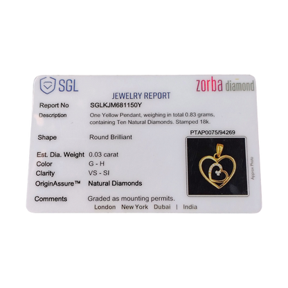 RAJLAXMI DIAMOND JEWELLERY - WGT: 0.830 GM - NATURAL DIAMOND (0.03 CENT) HUID HALLMARK 18KT DIAMOND PENDANT LOCKET FOR WOMEN WITH CERTIFICATE OF AUTHENTICITY BY ZORBA (DESIGN NO: PTAP0075) *CHAIN NOT INCLUDED.