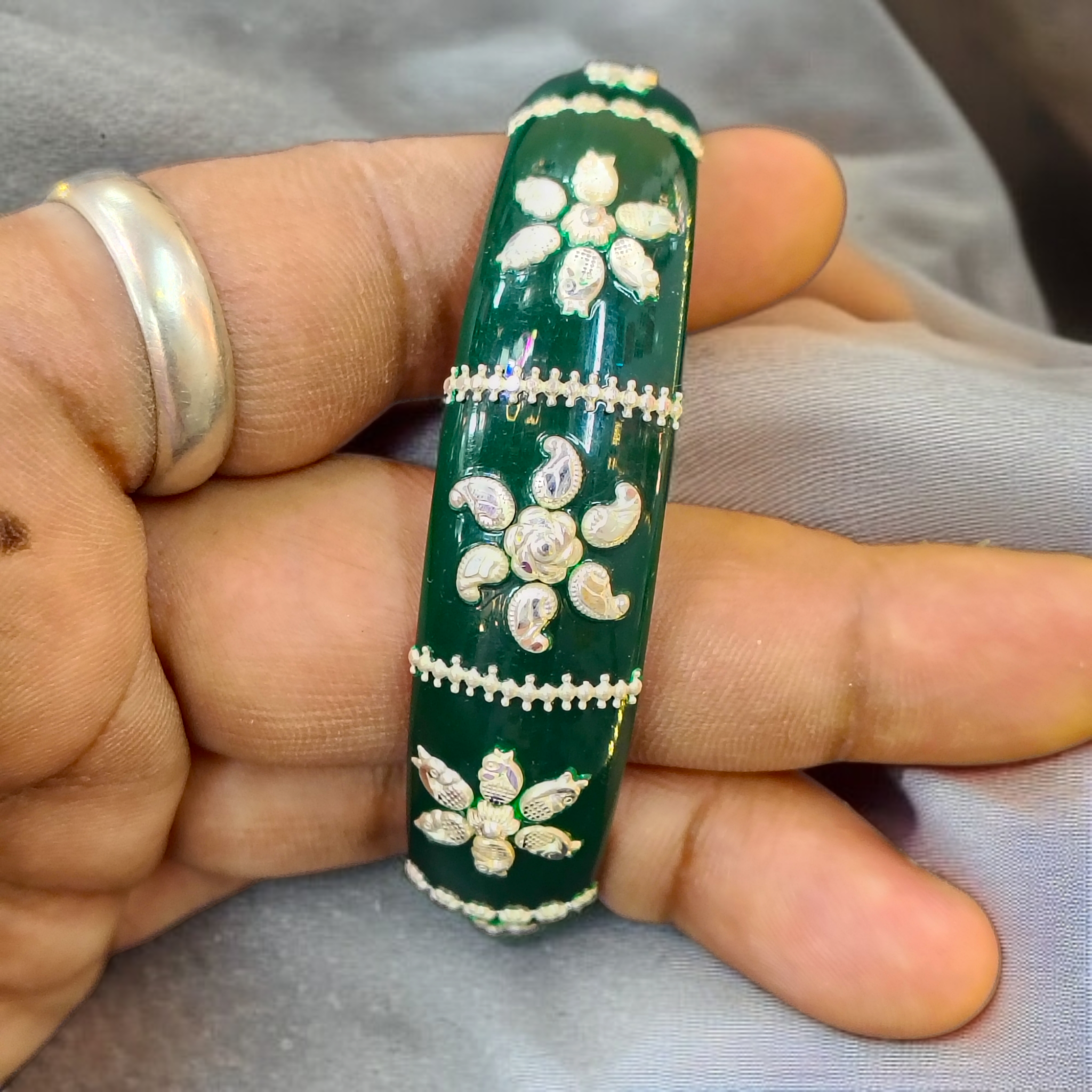 (SSP) (SIZE- 25) GREEN PASTING DESIGN 925 ORIGINAL SILVER POLA BANGLES FOR WOMEN 1 PC - SOLD AS MRP BY RAJLAXMI.