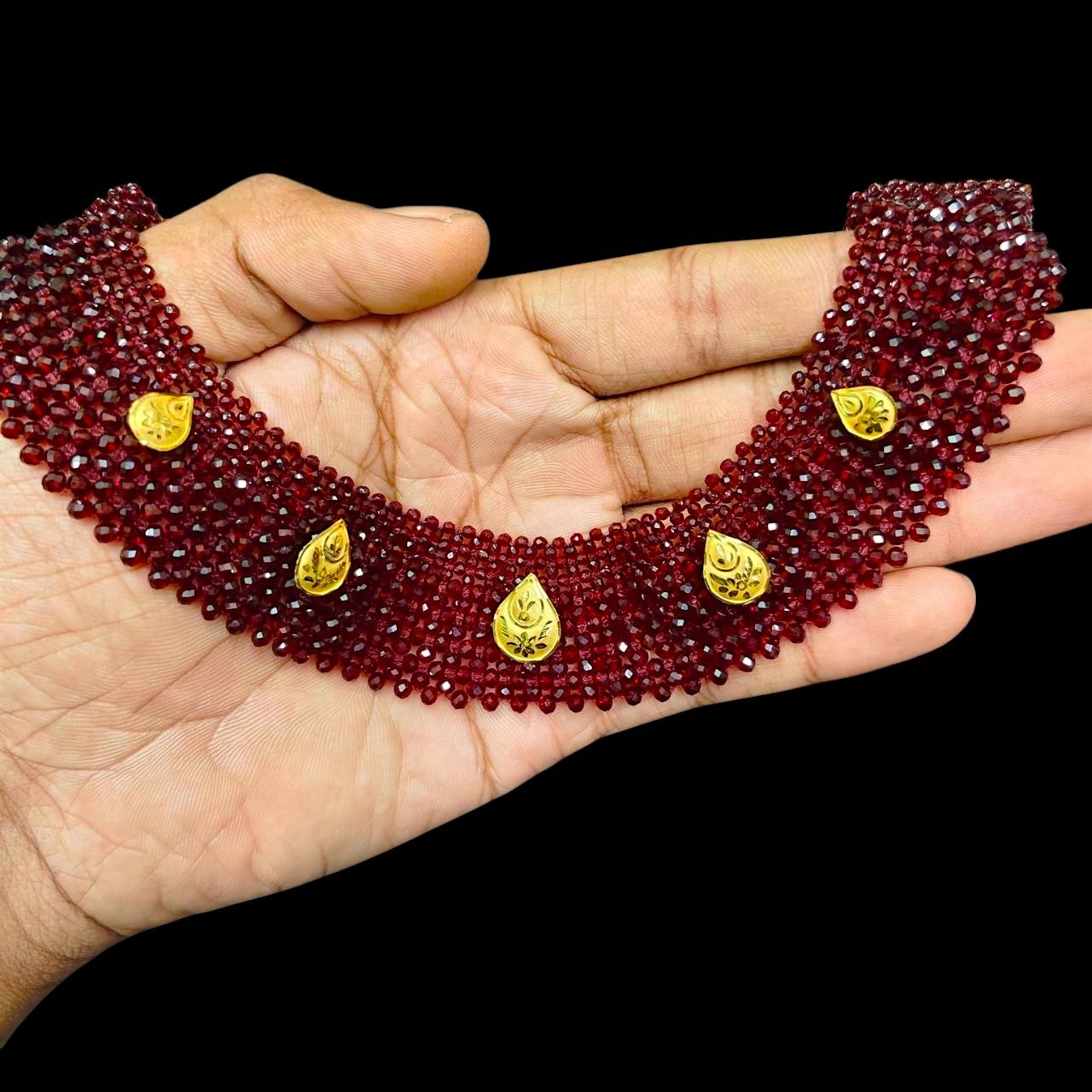 GOLD MOTI HAR- (WGT: 0.900 GM APPROX) HUID HALLMARK 375 9KT GOLD CRYSTAL CHATAI NECKLACE 1 PIECE WITH ADJUSTABLE TASSE.