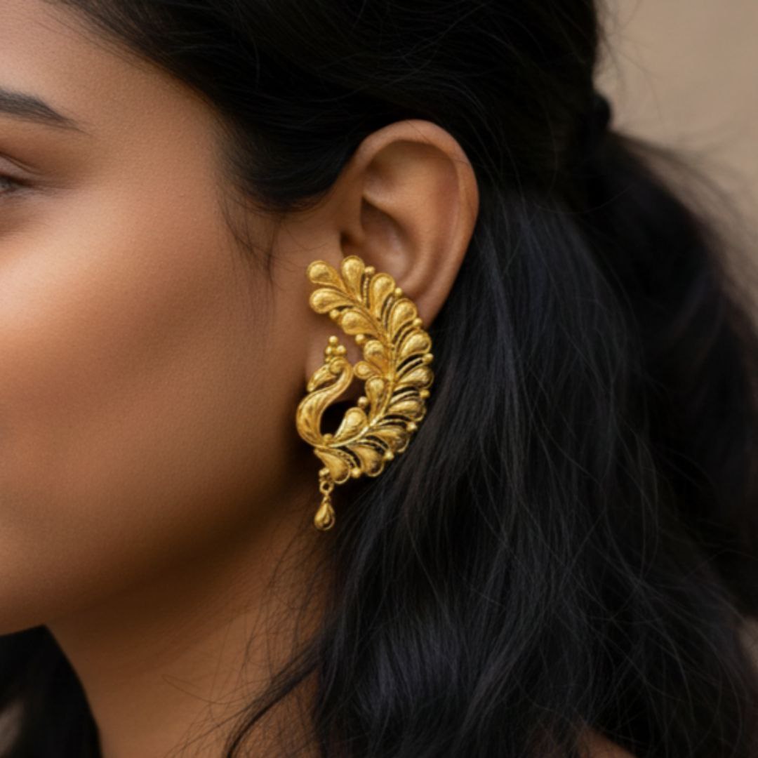 (GER22) BIS CERTIFIED HUID HALLMARK 916 22KT GOLD EARRINGS KANBALA - HALF KAN DESIGN (WGT: 3.760 GM APPROX) 1 PAIR FOR WOMEN.