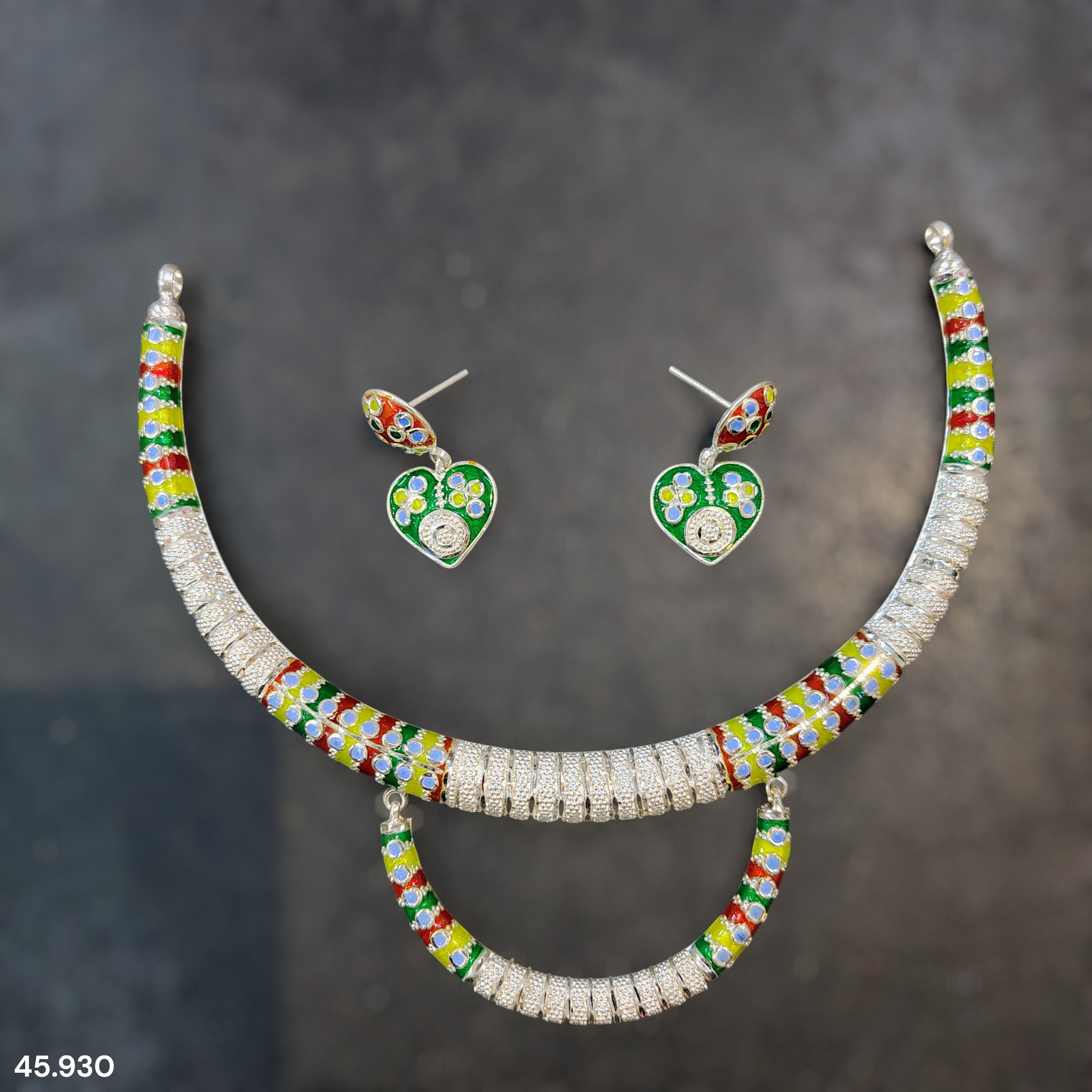 SILVER NECKLACE- CERTIFIED HALLMARK 925 SILVER HASULI NECKLACE 1 PIECE WITH EARRINGS (MINAKARI MANIPUR DESIGN) APPROX WGT: 45.930 GM (1 PIECE) FOR BEAUTIFUL WOMEN.