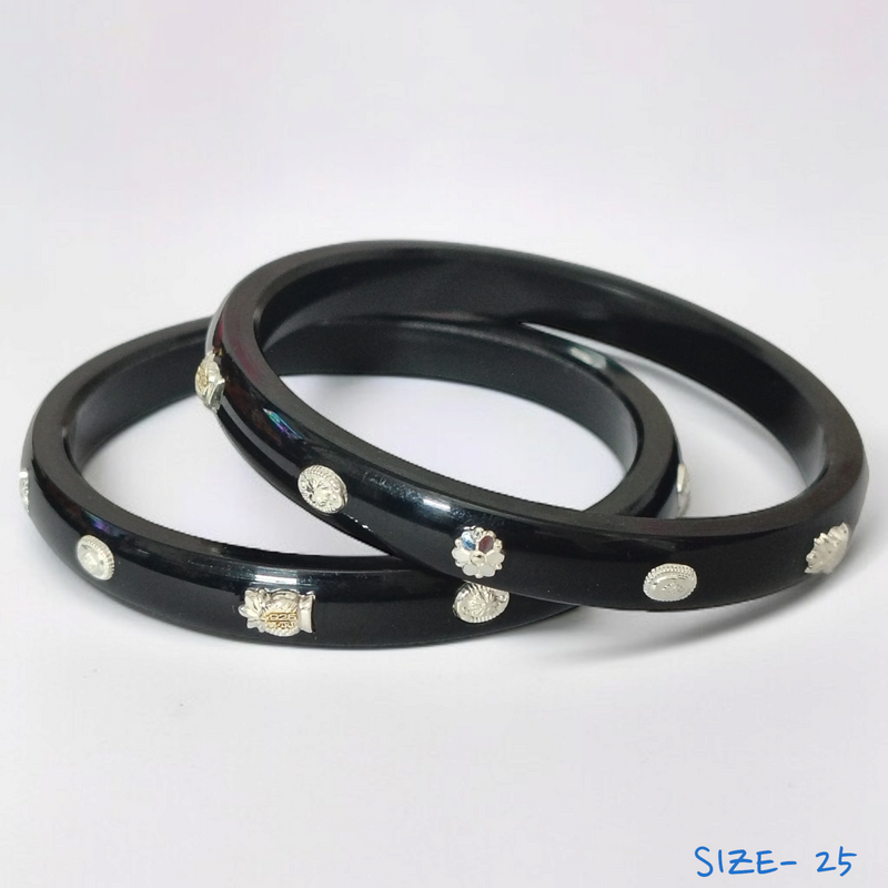(SSP) (SIZE- 25) BLACK PASTING DESIGN 925 ORIGINAL SILVER POLA BANGLES FOR WOMEN 1 PAIR - SOLD AS MRP BY RAJLAXMI.
