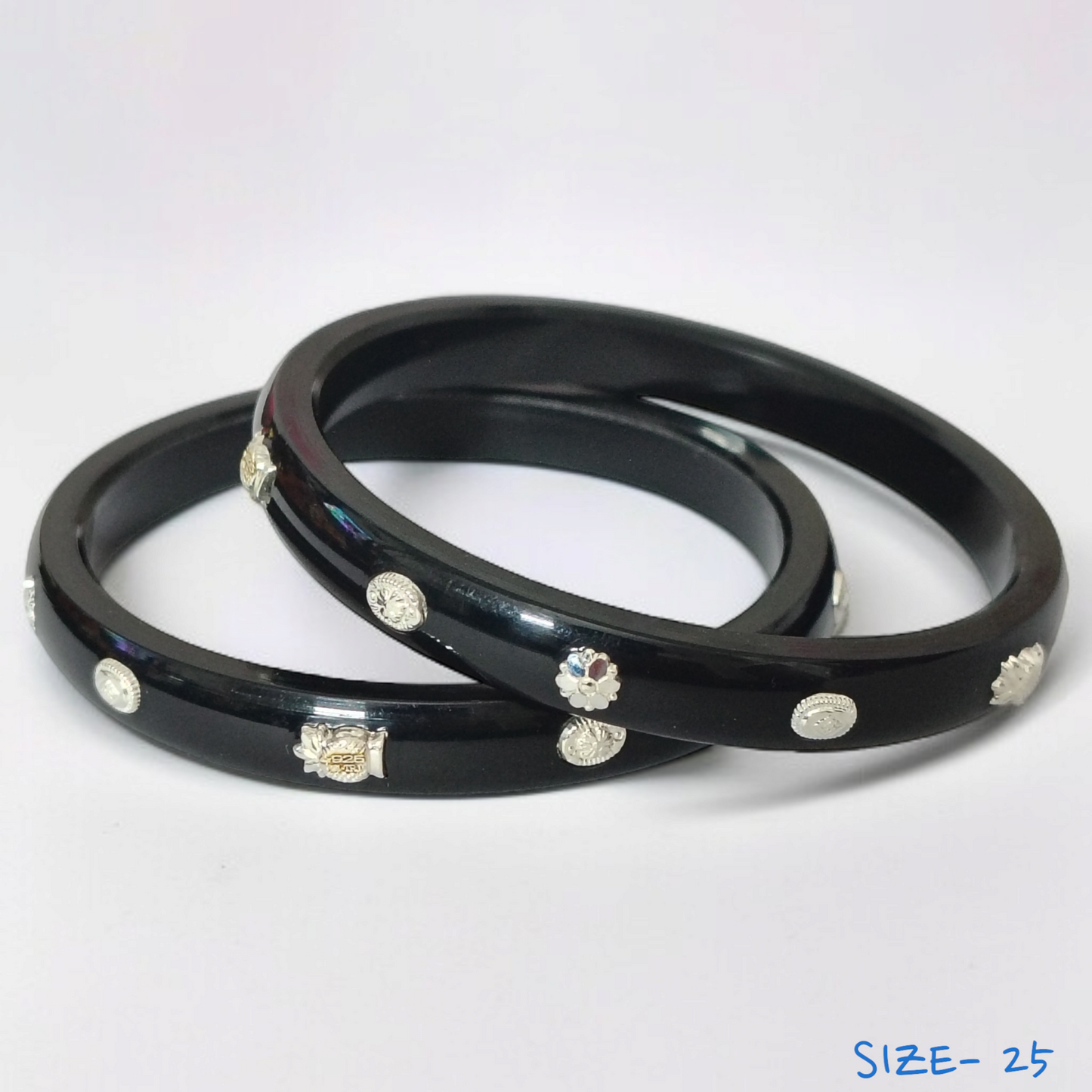 (SSP) (SIZE- 25) BLACK PASTING DESIGN 925 ORIGINAL SILVER POLA BANGLES FOR WOMEN 1 PAIR - SOLD AS MRP BY RAJLAXMI.