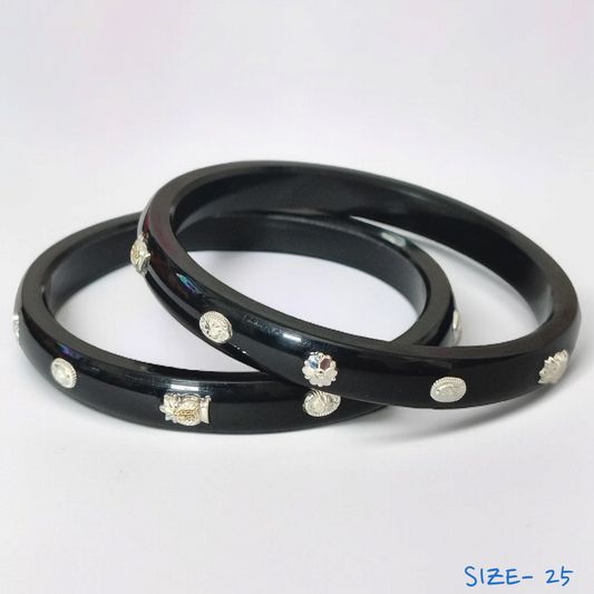 (SSP) (SIZE- 25) BLACK PASTING DESIGN 925 ORIGINAL SILVER POLA BANGLES FOR WOMEN 1 PAIR - SOLD AS MRP BY RAJLAXMI.