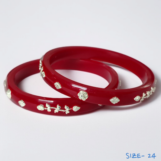 (SSP) (SIZE- 24) RED PASTING DESIGN 925 ORIGINAL SILVER POLA BANGLES FOR WOMEN 1 PAIR - SOLD AS MRP BY RAJLAXMI.