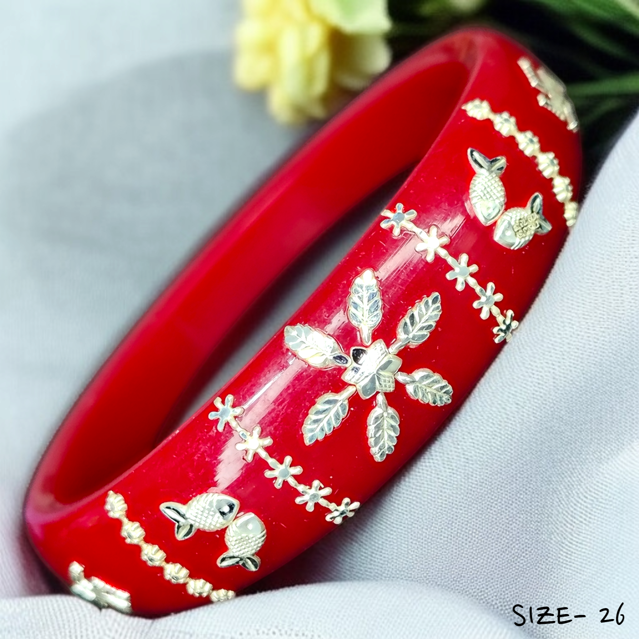 (SSP) (SIZE- 26) RED PASTING DESIGN 925 ORIGINAL SILVER POLA BANGLES FOR WOMEN 1 PC - SOLD AS MRP BY RAJLAXMI.