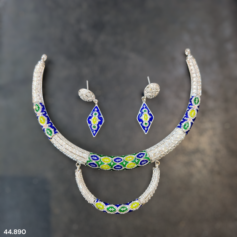 SILVER NECKLACE- CERTIFIED HALLMARK 925 SILVER HASULI NECKLACE 1 PIECE WITH EARRINGS (MINAKARI MANIPUR DESIGN) APPROX WGT: 44.890 GM (1 PIECE) FOR BEAUTIFUL WOMEN.