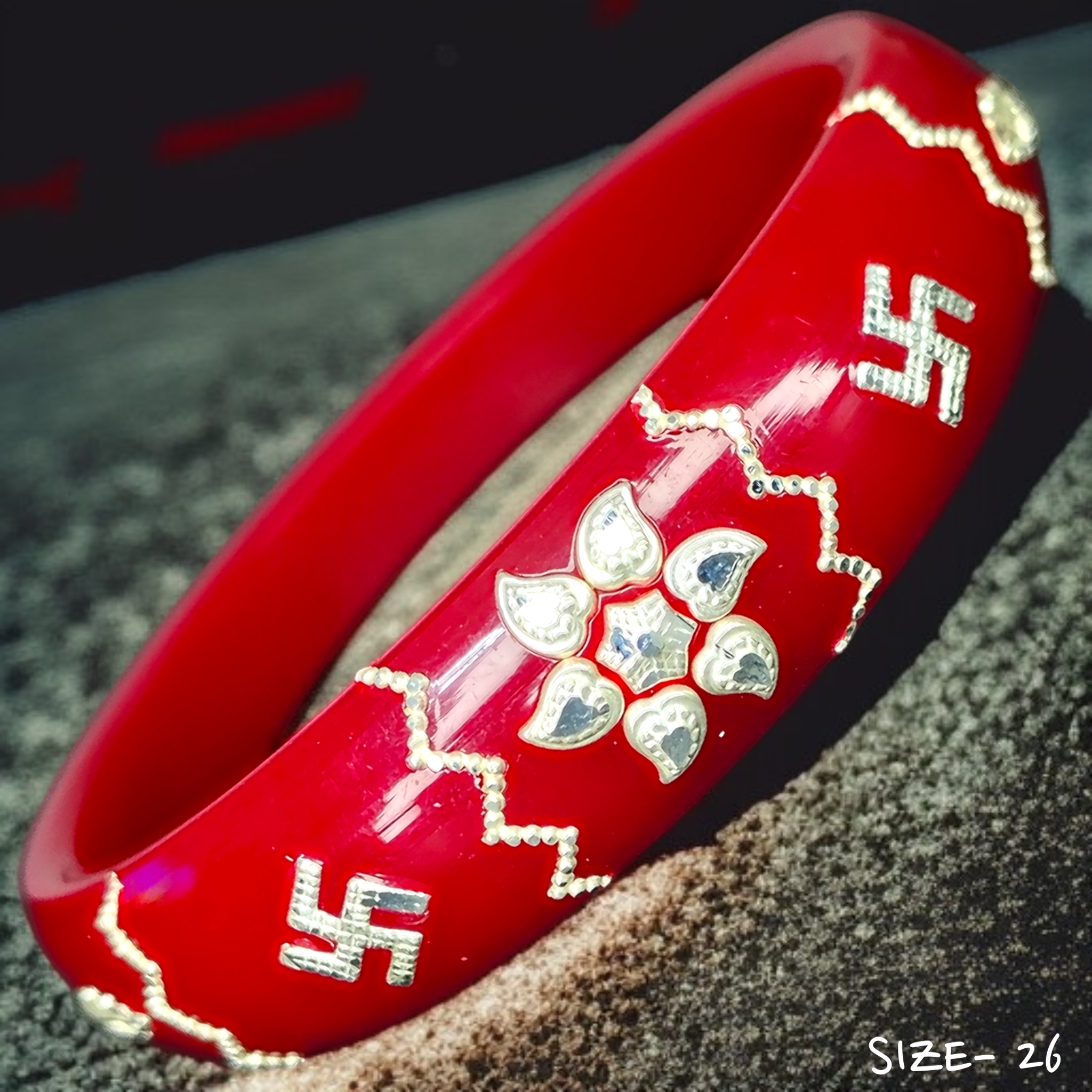 (SSP) (SIZE- 26) RED PASTING DESIGN 925 ORIGINAL SILVER POLA BANGLES FOR WOMEN 1 PC - SOLD AS MRP BY RAJLAXMI.