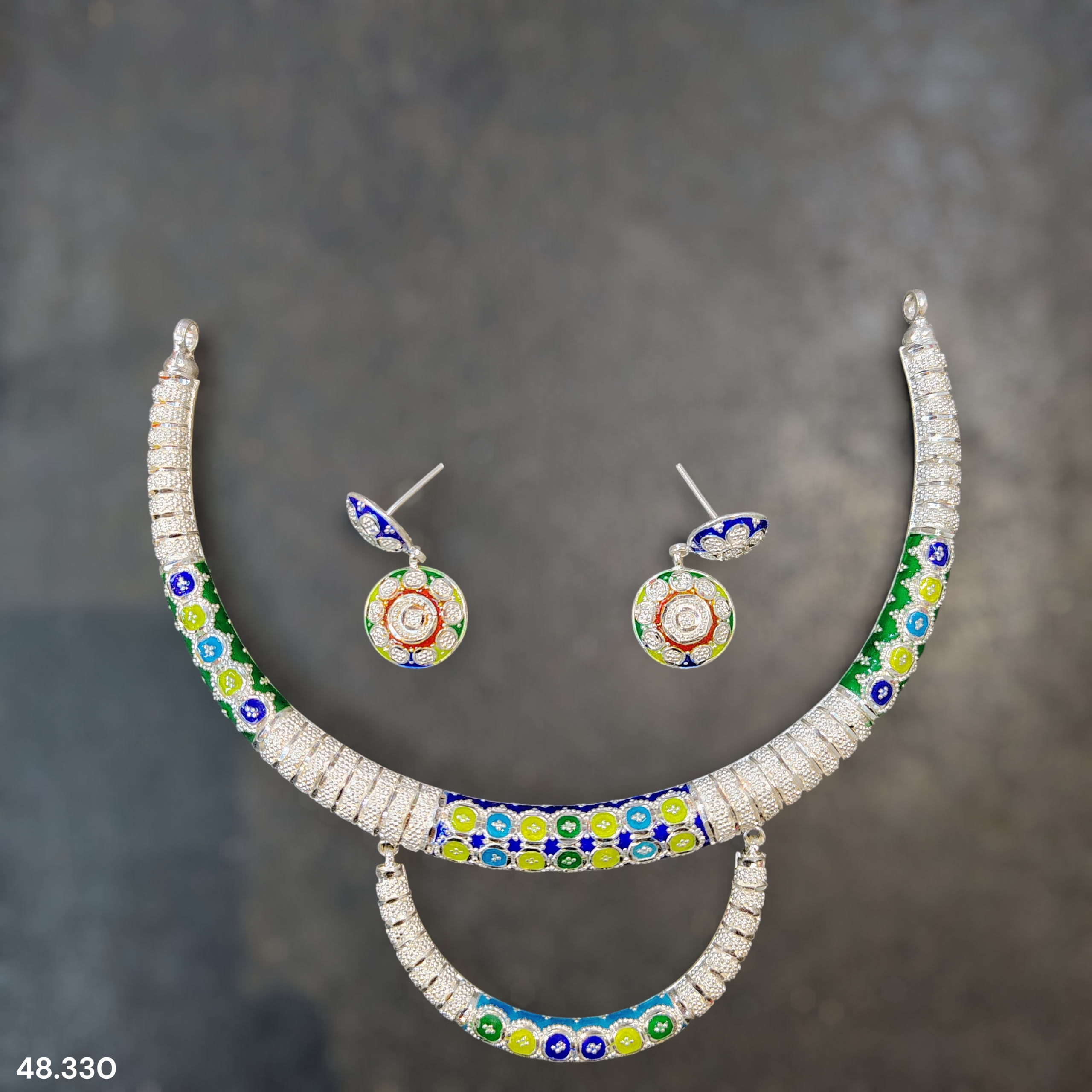 SILVER NECKLACE- CERTIFIED HALLMARK 925 SILVER HASULI NECKLACE 1 PIECE WITH EARRINGS (MINAKARI MANIPUR DESIGN) APPROX WGT: 48.330 GM (1 PIECE) FOR BEAUTIFUL WOMEN.