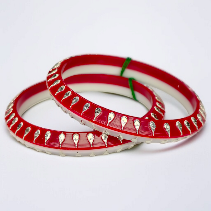 SILVER POLA- RED/WHITE LITE KANKAN DESIGN 995 ORIGINAL SILVER POLA BANGLES FOR WOMEN 1 PAIR - SOLD AS MRP BY RAJLAXMI.