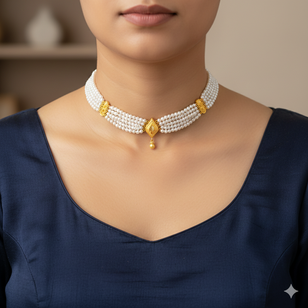 PEARL CHOKER- CERTIFIED BIS HUID HALLMARK 916 22KT GOLD MOTI CHOKER 1 PIECE (WGT: 0.950 GM) WITH ADJUSTABLE TASSEL FOR GIFT IN MARRIAGE.