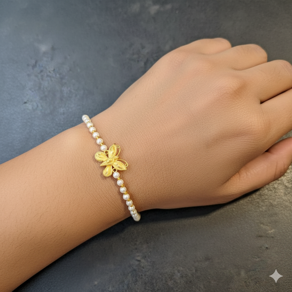 (GMW) RAJLAXMI BIS CERTIFIED HUID HALLMARK 916 22KT GOLD WRISTLET WITH PEARL CHAIN FOR WOMEN.