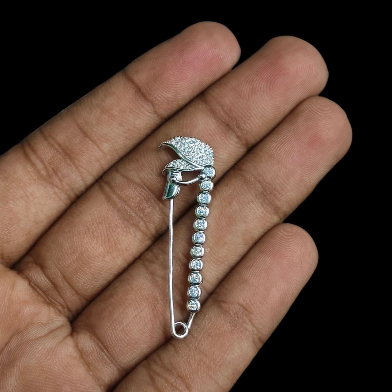 SILVER BROOCH- CERTIFIED BIS HALLMARK 925 SILVER BROOCH CEPTIPIN FOR SAREE 1 PIECE STUDDED WITH AMERICAN DIAMOND- (SOLD ON MRP) NON EXCHANGEABLE ITEM.