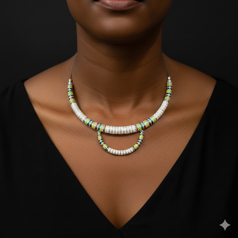 SILVER NECKLACE- CERTIFIED HALLMARK 925 SILVER HASULI NECKLACE 1 PIECE WITH EARRINGS (MINAKARI MANIPUR DESIGN) APPROX WGT: 45.930 GM (1 PIECE) FOR BEAUTIFUL WOMEN.