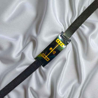 (OMJ) BLACK GLASS LAMINATED HALLMARK GOLD GENZY BRACELET 1 PIECE WGT: 0.050 MG FOR GENTS AND TEENS (FUTURE EXCHANGE VALUE  RS 400) WITH ANY JEWELLERY FOR LIFETIME (GET ANY DESIGN AS PER AVAILABILITY)