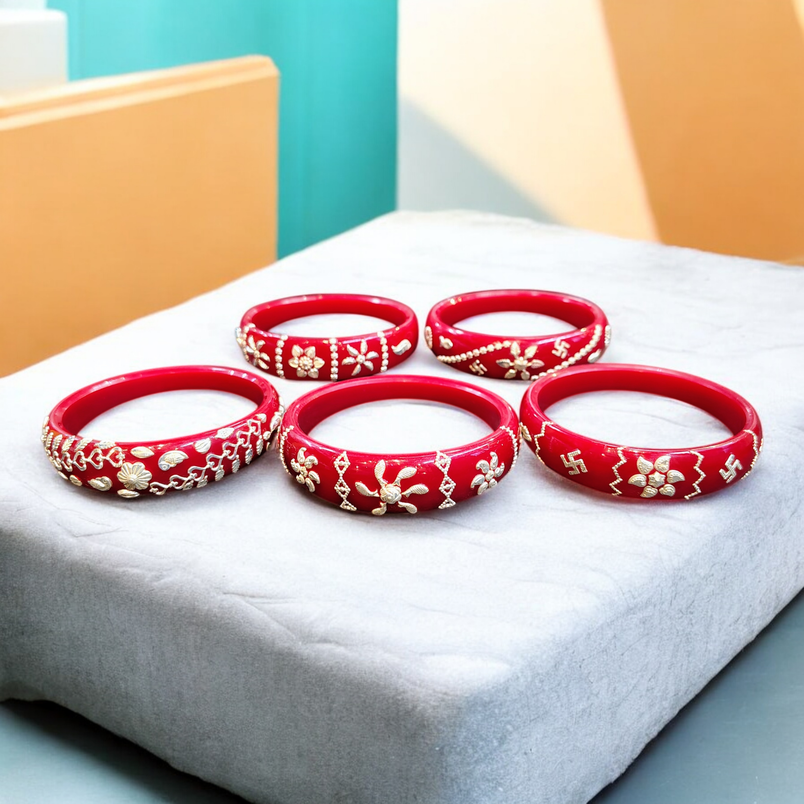 (SSP) RED COLOUR LASER PASTING DESIGN ORIGINAL HALLMARK 925 SILVER BRACELET POLA FOR WOMEN 1 PIECE - SOLD AS MRP BY RAJLAXMI (GET ANY DESIGN AS PER SIZE).