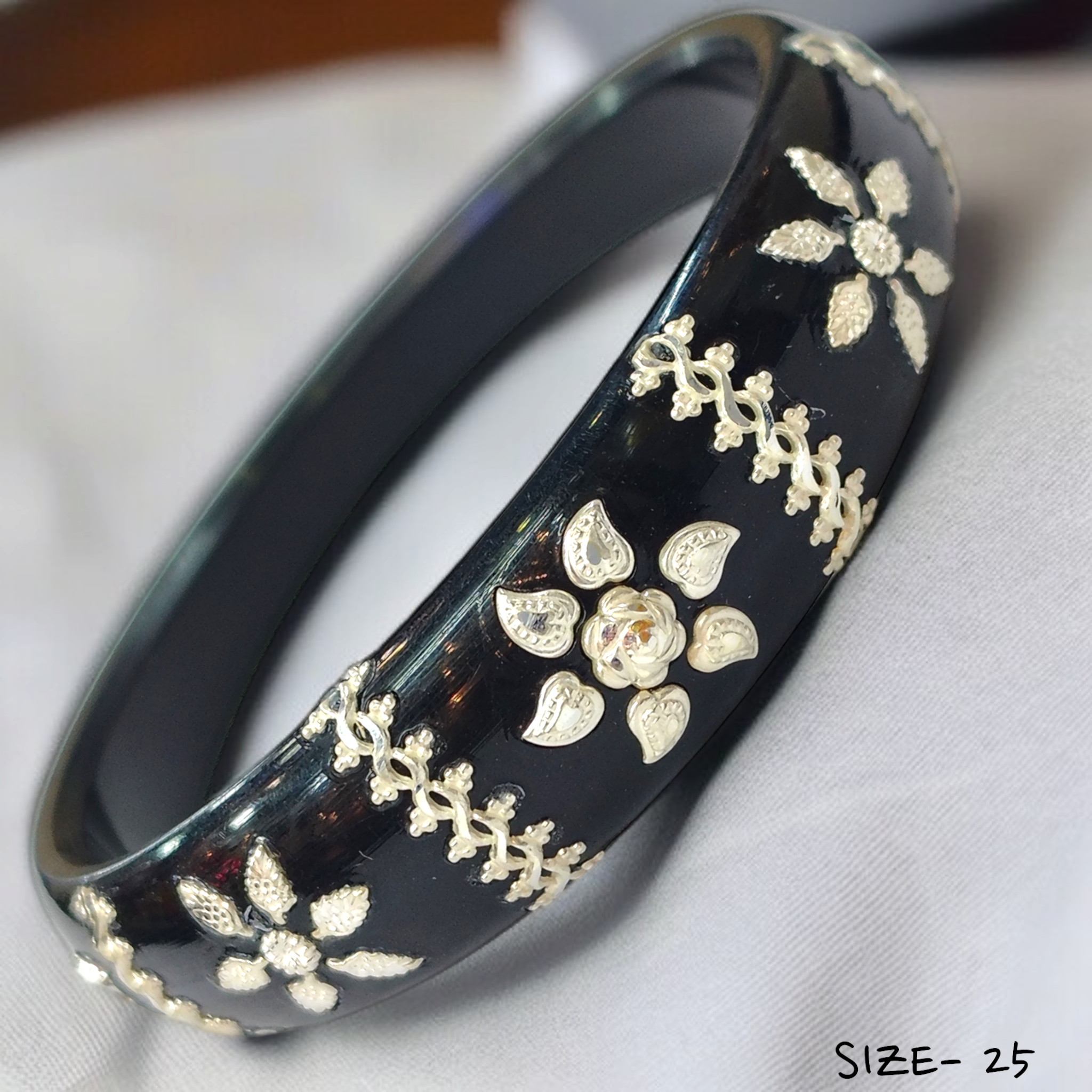 (SSP) (SIZE- 25) BLACK PASTING DESIGN 925 ORIGINAL SILVER POLA BANGLES FOR WOMEN 1 PC - SOLD AS MRP BY RAJLAXMI.
