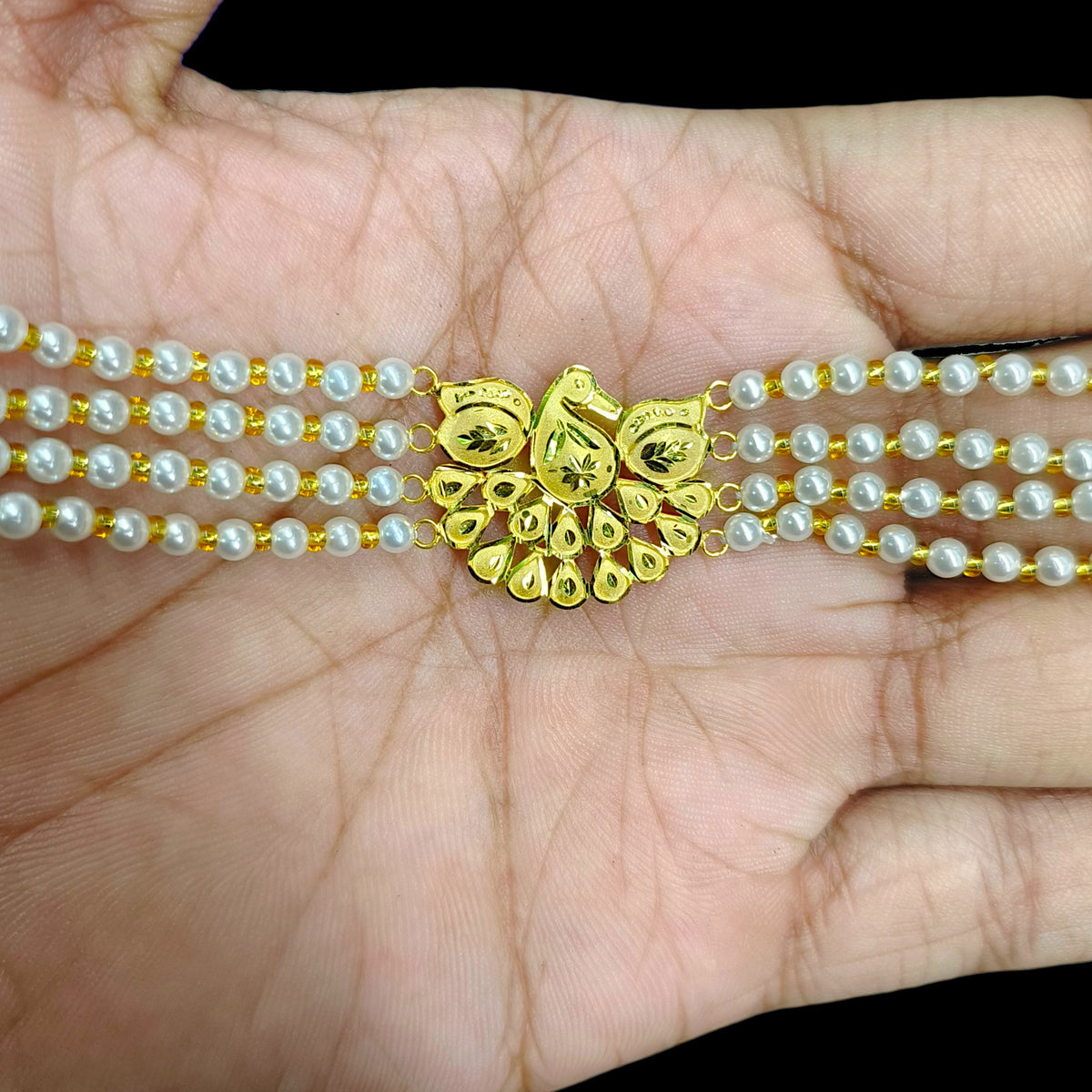 GOLD MANTASHA- (WBG93R)-(WGT: 0.740 GM APPROX) BIS CERTIFIED HUID HALLMARK 375 9KT GOLD MOTI MANTASHA WITH PEARL CHAIN FOR WOMEN.
