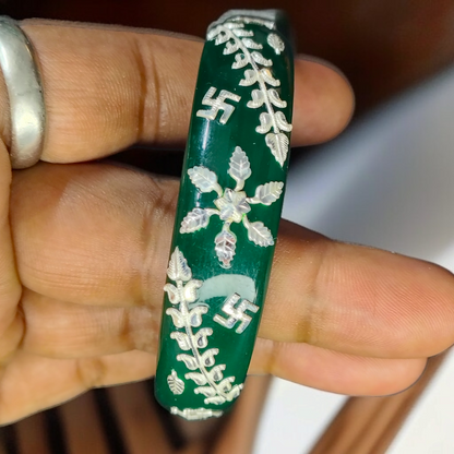 (SSP) (SIZE- 25) GREEN PASTING DESIGN 925 ORIGINAL SILVER POLA BANGLES FOR WOMEN 1 PC - SOLD AS MRP BY RAJLAXMI.