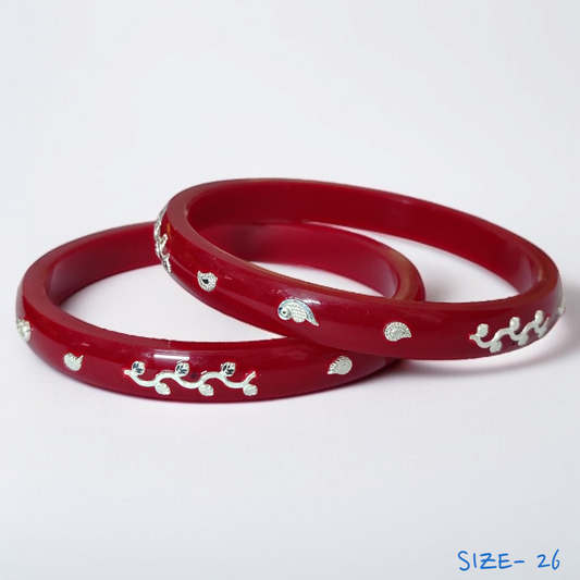 (SSP) (SIZE- 26) RED PASTING DESIGN 925 ORIGINAL SILVER POLA BANGLES FOR WOMEN 1 PAIR - SOLD AS MRP BY RAJLAXMI.