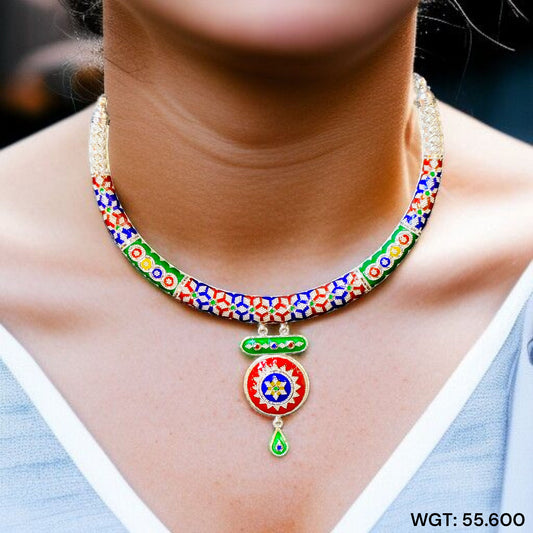 FESTIVE SILVER OFFER (PREMIUM JEWELLERY) CERTIFIED HALLMARK 925 SILVER HASULI NECKLACE 1 PIECE WITH EARRINGS (MINAKARI MANIPUR DESIGN) APPROX WGT: 55.600 GM (1 PIECE) FOR BEAUTIFUL WOMEN.