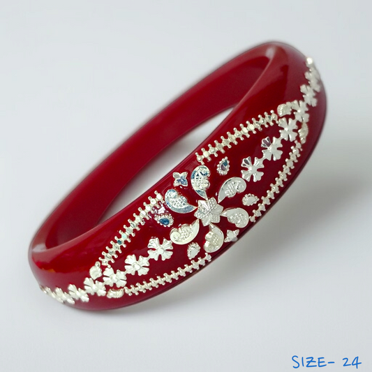 (SSP) (SIZE- 24) RED PASTING DESIGN 925 ORIGINAL SILVER POLA BANGLES FOR WOMEN 1 PC - SOLD AS MRP BY RAJLAXMI.