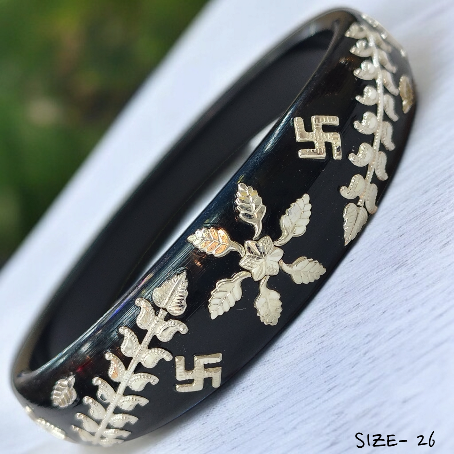 (SSP) (SIZE- 26) BLACK PASTING DESIGN 925 ORIGINAL SILVER POLA BANGLES FOR WOMEN 1 PC - SOLD AS MRP BY RAJLAXMI.