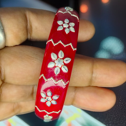 (SSP) (SIZE- 25) RED PASTING DESIGN 925 ORIGINAL SILVER POLA BANGLES FOR WOMEN 1 PC - SOLD AS MRP BY RAJLAXMI.