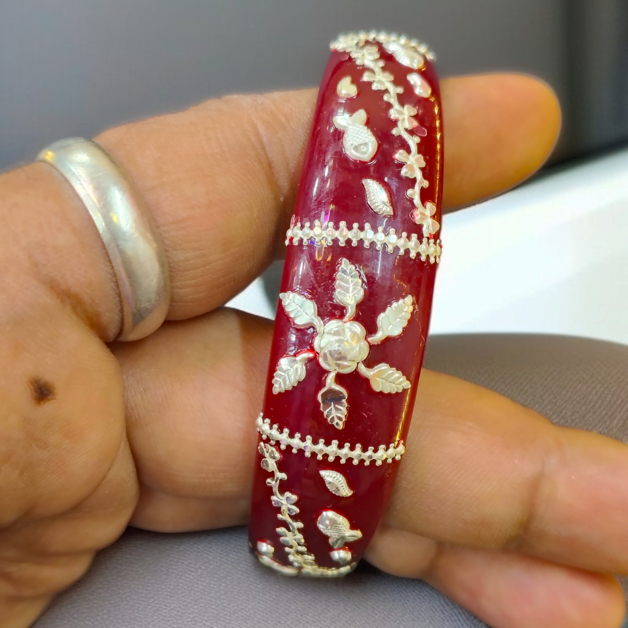 (SSP) (SIZE- 25) MAROON PASTING DESIGN 925 ORIGINAL SILVER POLA BANGLES FOR WOMEN 1 PC - SOLD AS MRP BY RAJLAXMI.