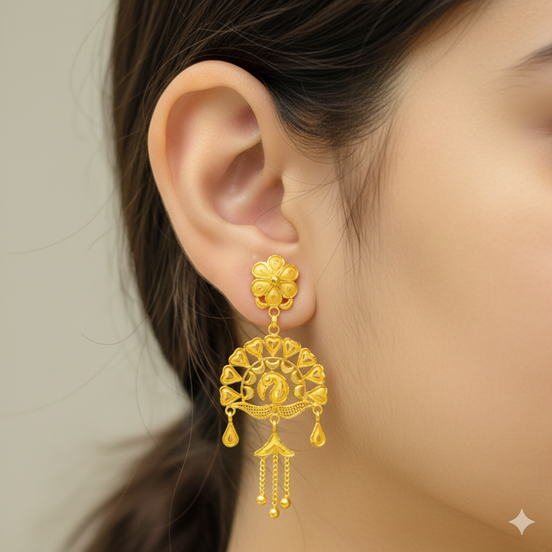 GOLD EARRINGS- BIS CERTIFIED WGT: 4.160 GM APPROX HUID HALLMARK 916 22KT GOLD EARRINGS KANBALA 1 PAIR FOR WOMEN. (UWDPBT)-(VLYP11)