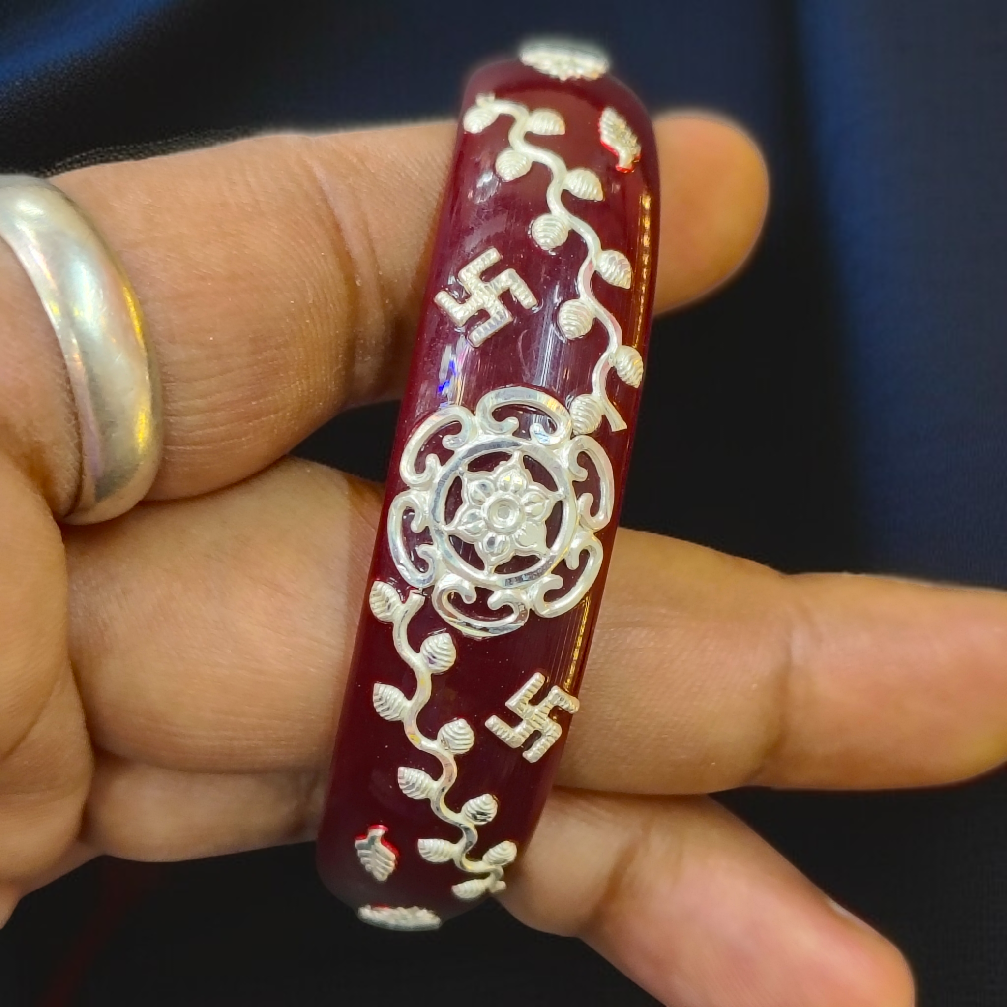 (SSP) (SIZE- 25) MAROON PASTING DESIGN 925 ORIGINAL SILVER POLA BANGLES FOR WOMEN 1 PC - SOLD AS MRP BY RAJLAXMI.