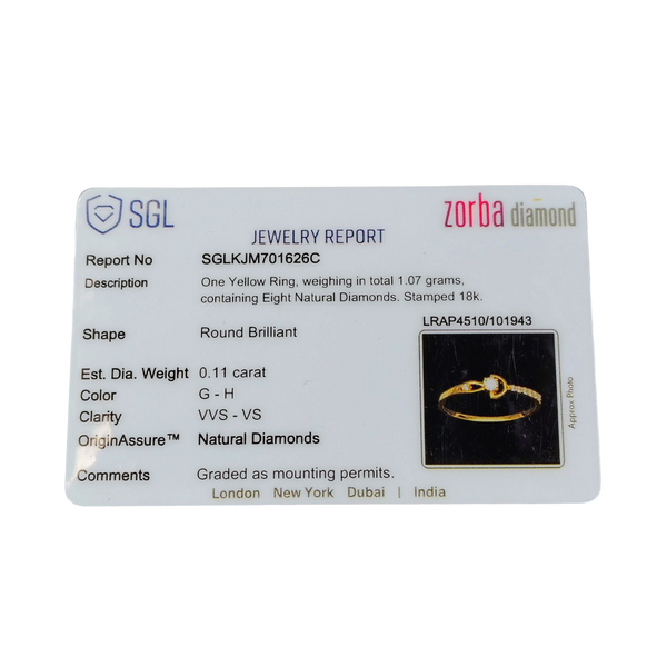 RAJLAXMI DIAMOND JEWELLERY (SIZE:12) - WGT: 1.070 GM - NATURAL DIAMOND (0.11 CENT) HUID HALLMARK 18KT DIAMOND FINGER RING FOR WOMEN WITH CERTIFICATE OF AUTHENTICITY BY ZORBA (DESIGN NO: LRAP4510).