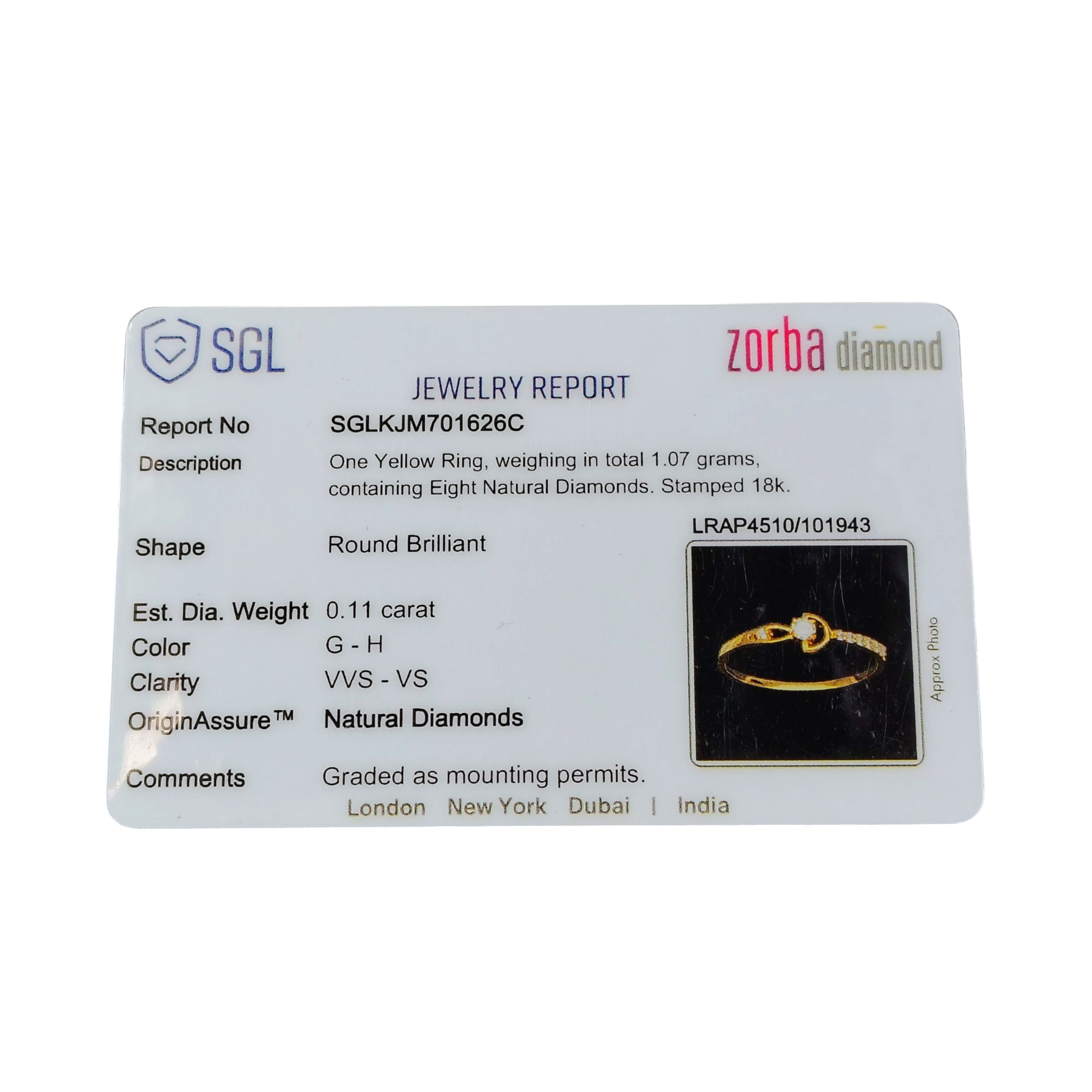 (GLFR18) RAJLAXMI DIAMOND JEWELLERY (SIZE:12) - WGT: 1.070 GM - NATURAL DIAMOND (0.11 CENT) HUID HALLMARK 18KT DIAMOND FINGER RING FOR WOMEN WITH CERTIFICATE OF AUTHENTICITY BY ZORBA (DESIGN NO: LRAP4510).