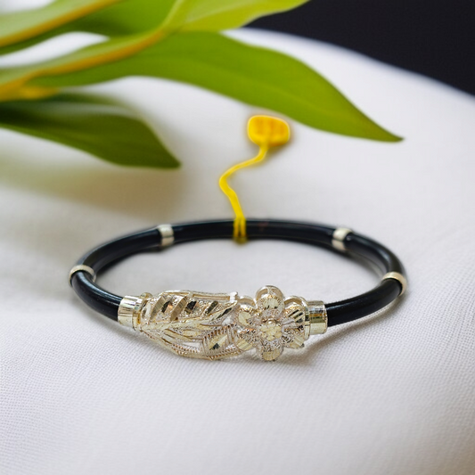TRJ BLACK FLOWER2 DESIGN 925 ORIGINAL SILVER NOA BANGLES FOR WOMEN 1 PIECE - SOLD AS MRP BY RAJLAXMI.
